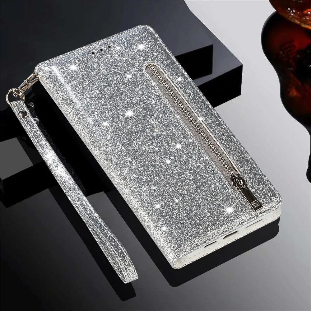 For Samsung Galaxy A56 5G Stand Case Glitter Phone Leather Cover Zipper Pocket - Silver - 6