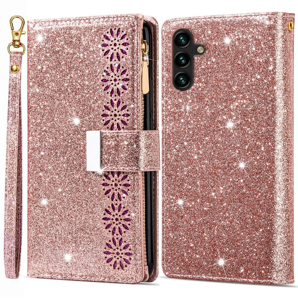For Samsung Galaxy A56 5G Case Starry Sky Carving Leather Wallet Phone Cover - Rose Gold - 1