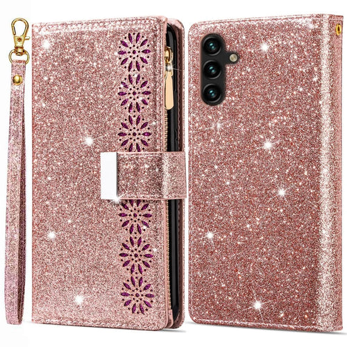 For Samsung Galaxy A56 5G Case Starry Sky Carving Leather Wallet Phone Cover - Rose Gold - 1