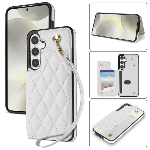 For Samsung Galaxy S25 Case with Wrist Strap Card Slots Rhombus Leather+TPU Phone Cover - White - 1