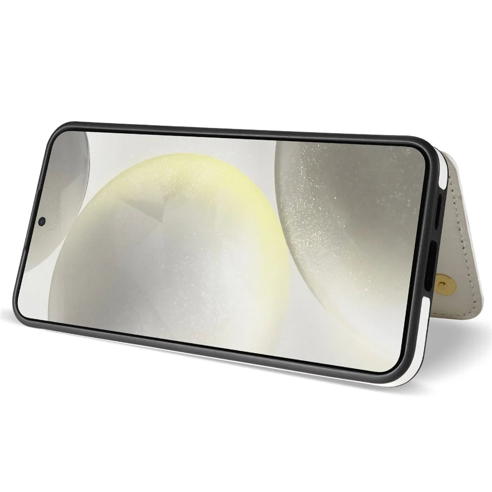 For Samsung Galaxy S25 Case with Wrist Strap Card Slots Rhombus Leather+TPU Phone Cover - White - 2