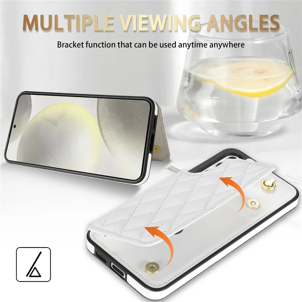 For Samsung Galaxy S25 Case with Wrist Strap Card Slots Rhombus Leather+TPU Phone Cover - White - 4