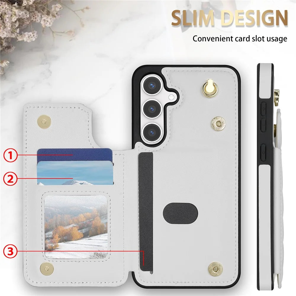 For Samsung Galaxy S25+ Case with Wrist Strap Card Slots Rhombus Leather+TPU Phone Cover - White - 6
