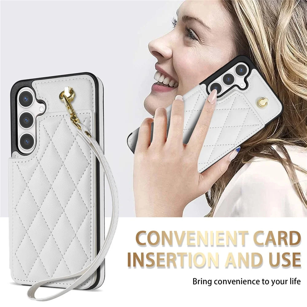 For Samsung Galaxy S25+ Case with Wrist Strap Card Slots Rhombus Leather+TPU Phone Cover - White - 7