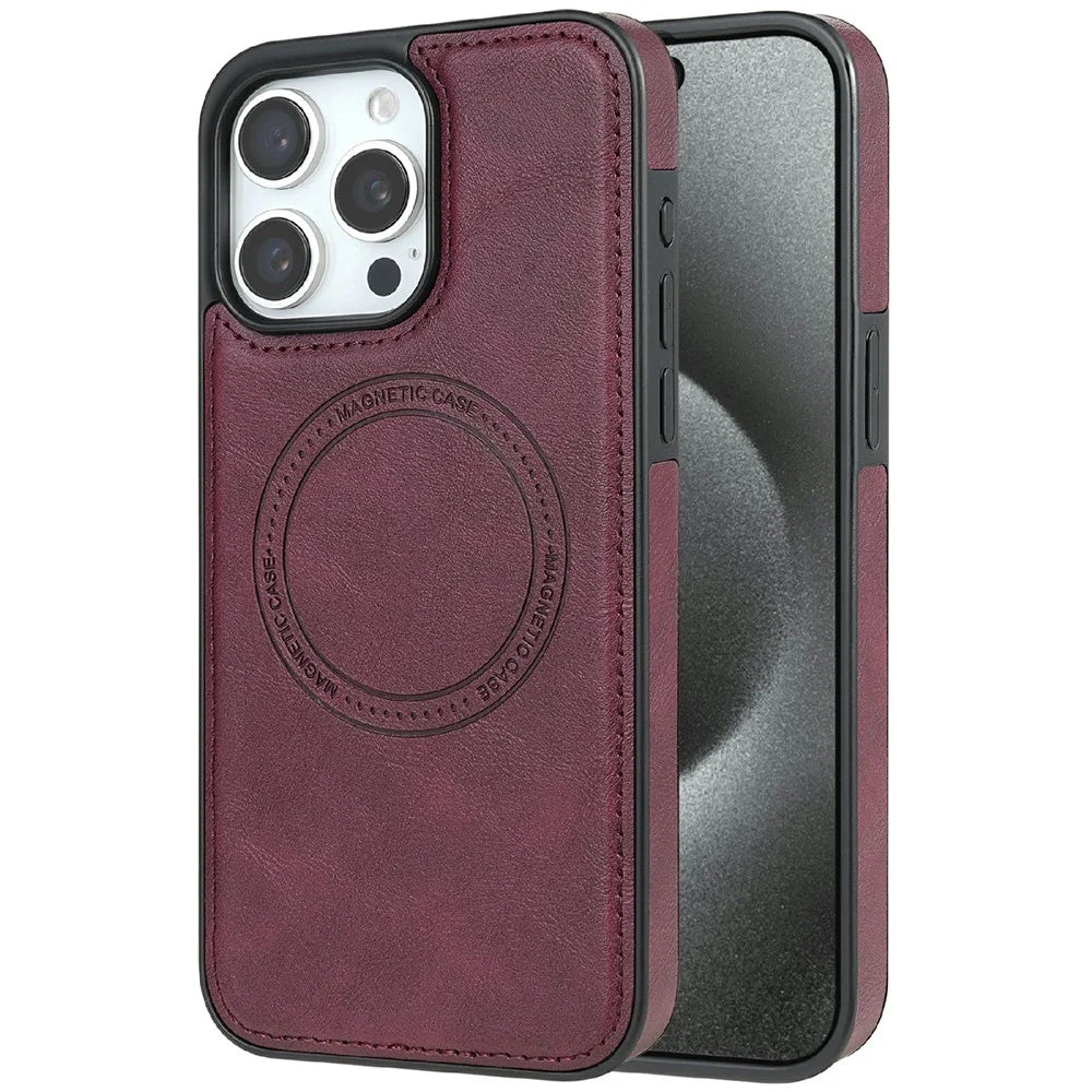 CSJ-P3 For iPhone 15 Pro Case Compatible with MagSafe PC+TPU+Leather Back Cover - Wine Red - 1