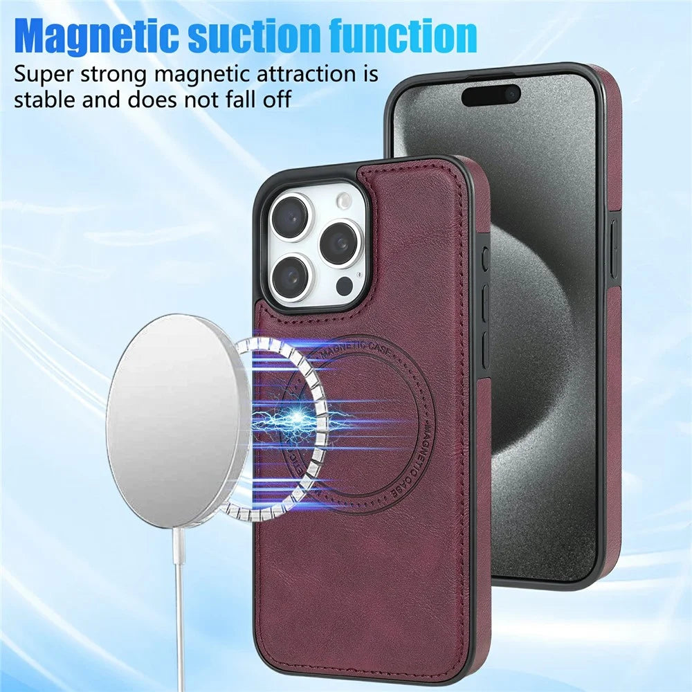 CSJ-P3 For iPhone 16 Pro Case Compatible with MagSafe PC+TPU+Leather Back Cover - Wine Red - 4