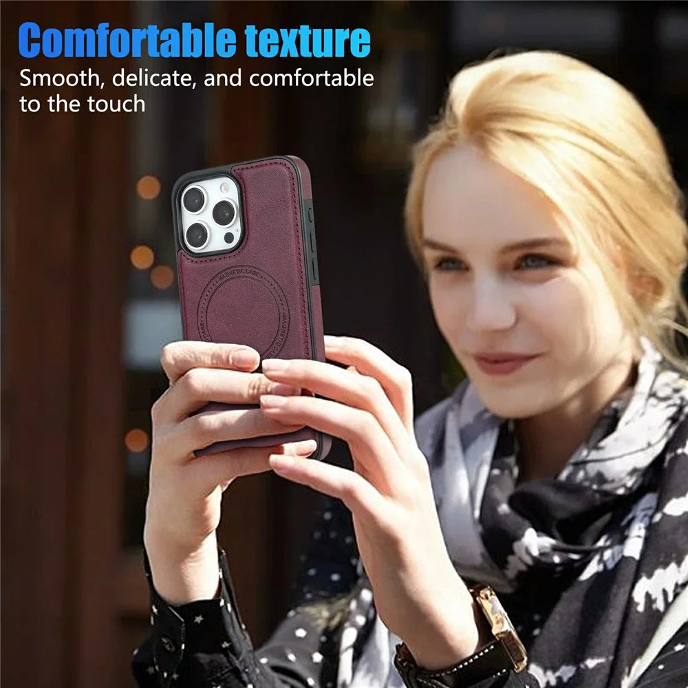 CSJ-P3 For iPhone 16 Pro Case Compatible with MagSafe PC+TPU+Leather Back Cover - Wine Red - 5