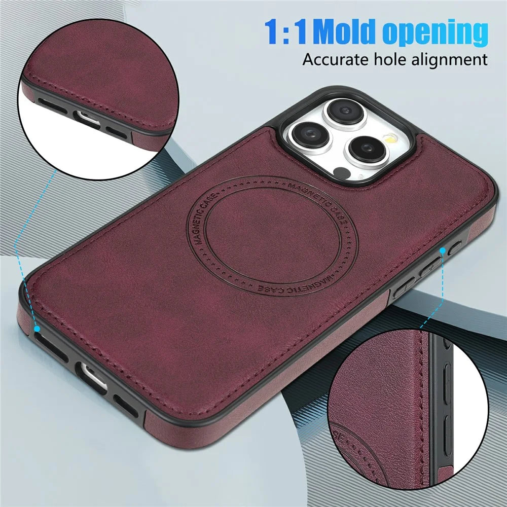 CSJ-P3 For iPhone 16 Pro Case Compatible with MagSafe PC+TPU+Leather Back Cover - Wine Red - 6