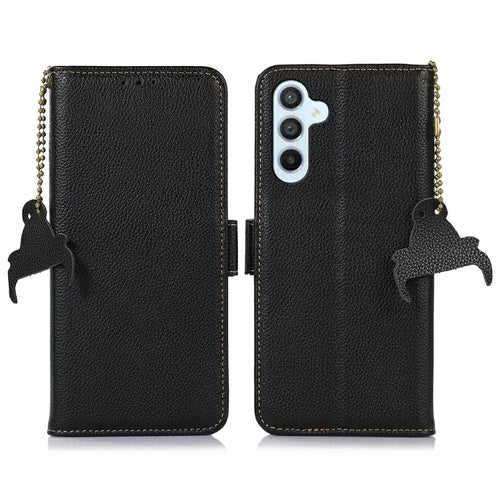 For Samsung Galaxy A26 5G Case RFID Blocking Textured Genuine Cow Leather Phone Cover - Black - 1