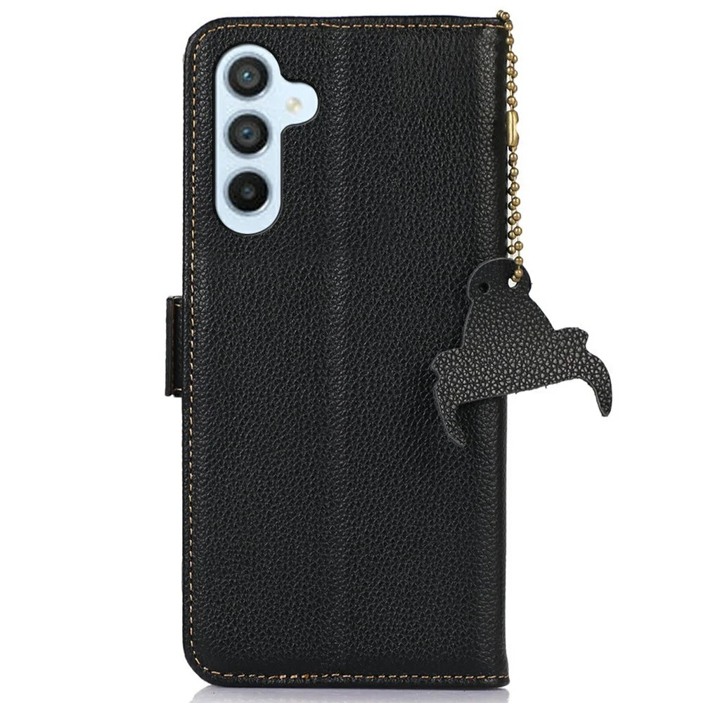 For Samsung Galaxy A26 5G Case RFID Blocking Textured Genuine Cow Leather Phone Cover - Black - 7