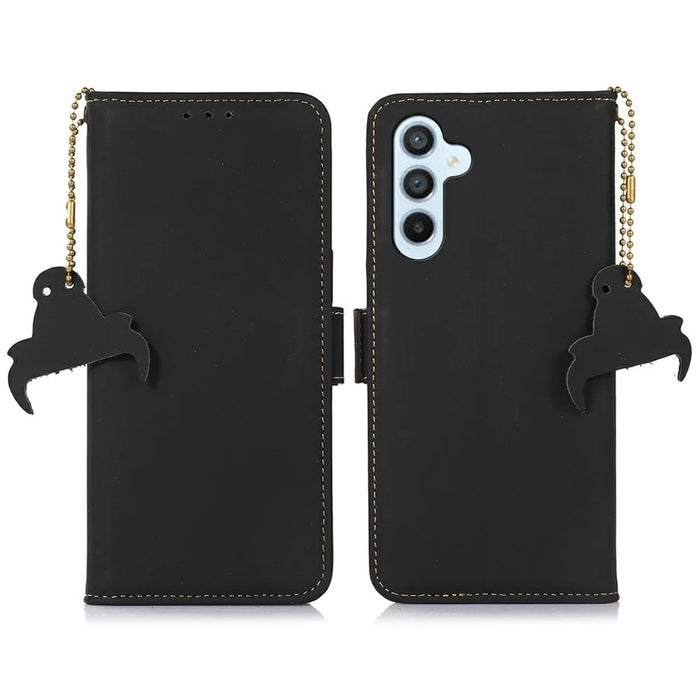 For Samsung Galaxy A56 5G Wallet Case Anti-Drop Genuine Cow Leather Phone Cover RFID Blocking - Black - 1