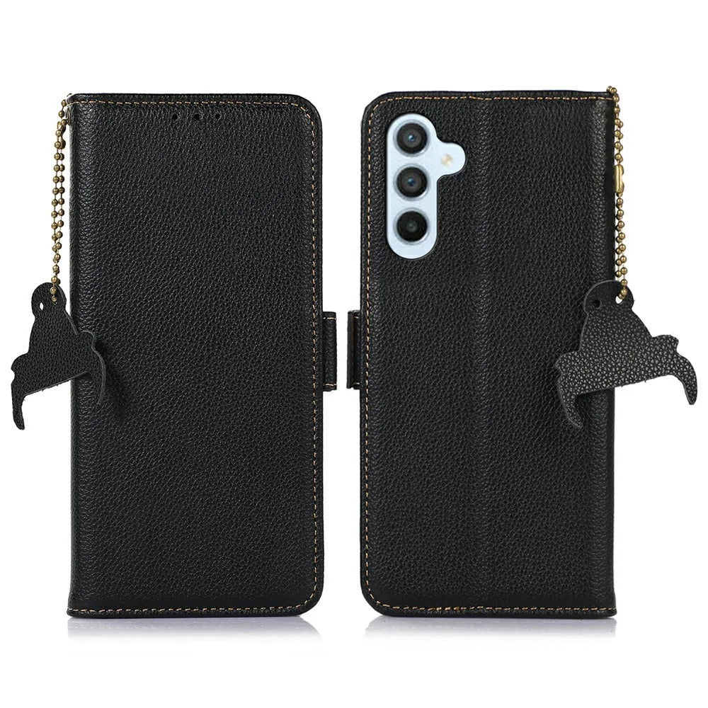 For Samsung Galaxy A56 5G Case RFID Blocking Textured Genuine Cow Leather Phone Cover - Black - 1