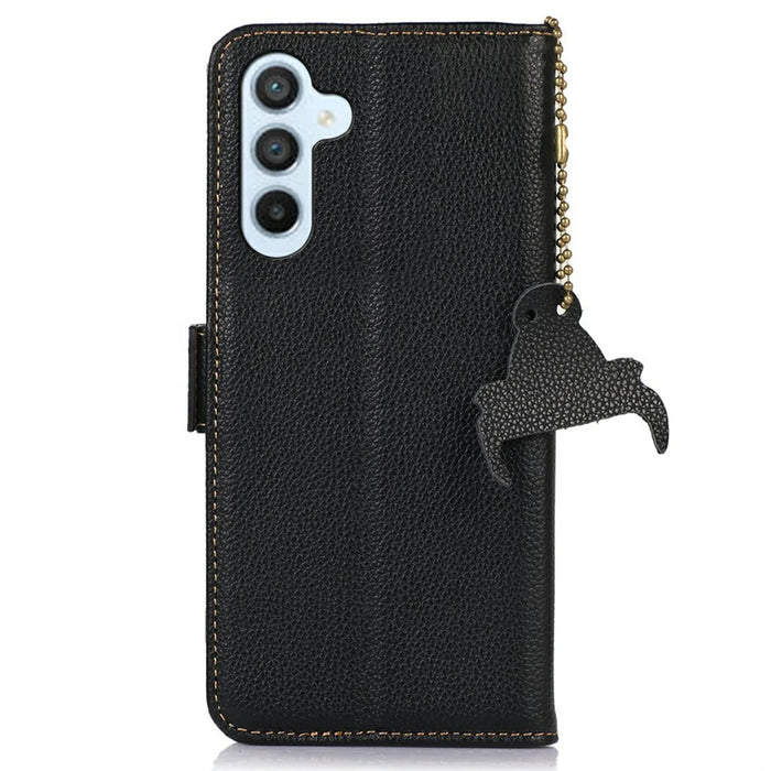 For Samsung Galaxy A56 5G Case RFID Blocking Textured Genuine Cow Leather Phone Cover - Black - 7