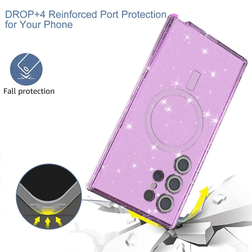 For Samsung Galaxy S24 Ultra Magnetic Case Glitter Clear Phone Back Cover with Lens Film - Transparent Purple - 2