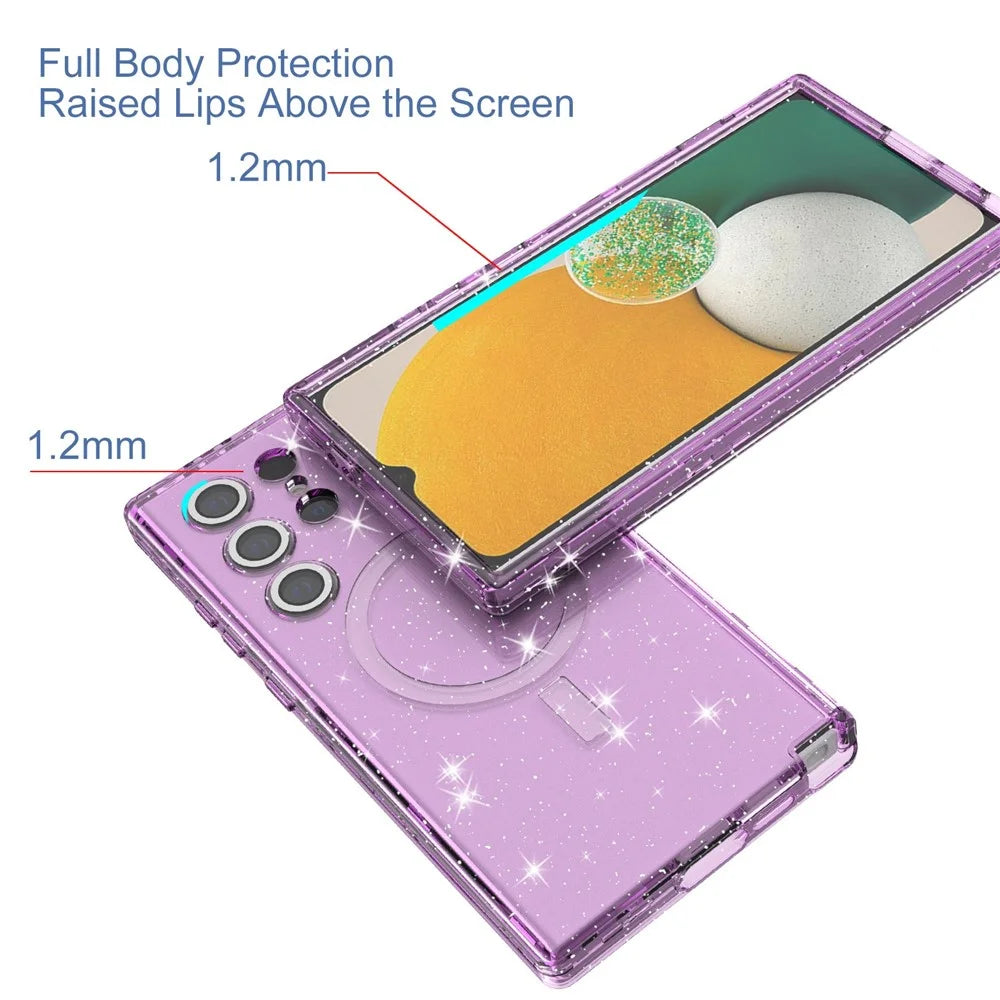 For Samsung Galaxy S24 Ultra Magnetic Case Glitter Clear Phone Back Cover with Lens Film - Transparent Purple - 3