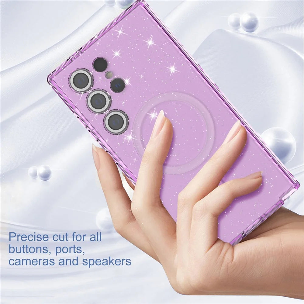 For Samsung Galaxy S24 Ultra Magnetic Case Glitter Clear Phone Back Cover with Lens Film - Transparent Purple - 4