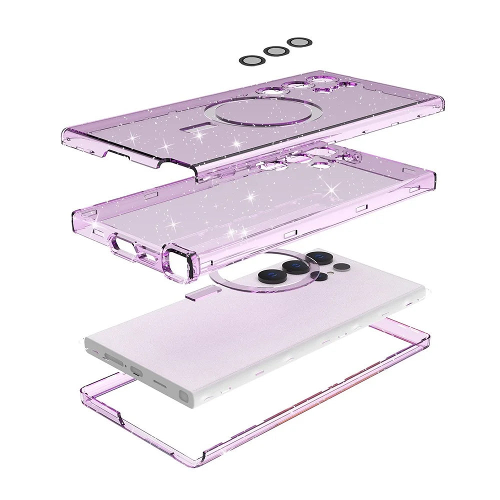 For Samsung Galaxy S24 Ultra Magnetic Case Glitter Clear Phone Back Cover with Lens Film - Transparent Purple - 5