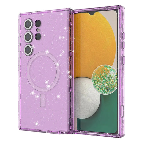 For Samsung Galaxy S23 Ultra Magnetic Case Glitter Clear Phone Back Cover with Lens Film - Transparent Purple - 1