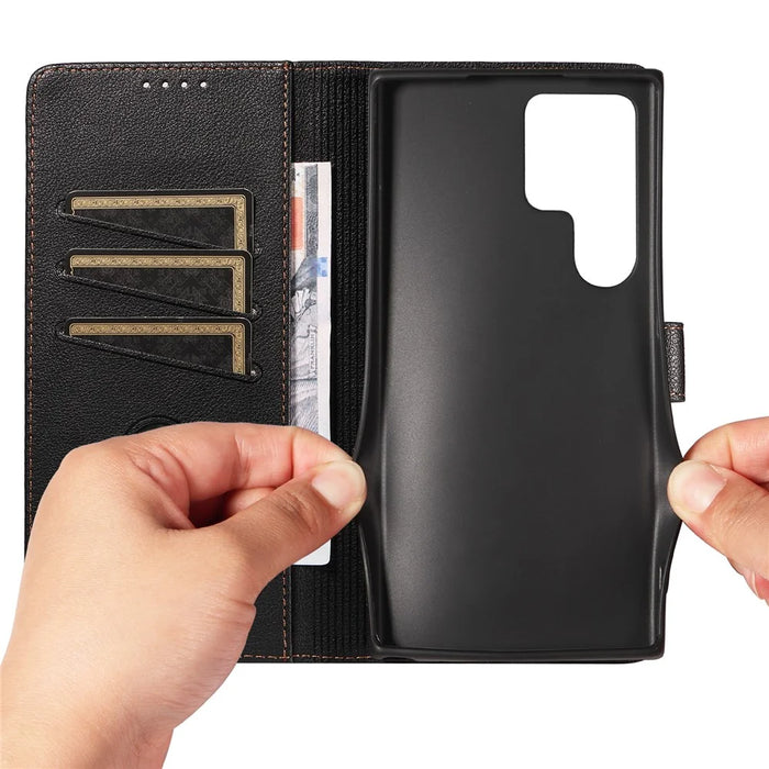For Samsung Galaxy S25 Ultra Leather Case Litchi Texture RFID Blocking Wallet Stand Phone Cover - Black - 2