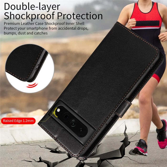 For Google Pixel 7 Pro 5G Leather Case Litchi Texture RFID Blocking Wallet Stand Phone Cover - Black - 6