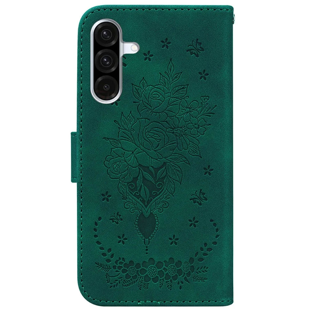 For Samsung Galaxy A18 5G / A17 5G / A17 4G / A26 5G Case PU Leather Wallet Phone Cover Butterfly Flower Imprint - Green - 7