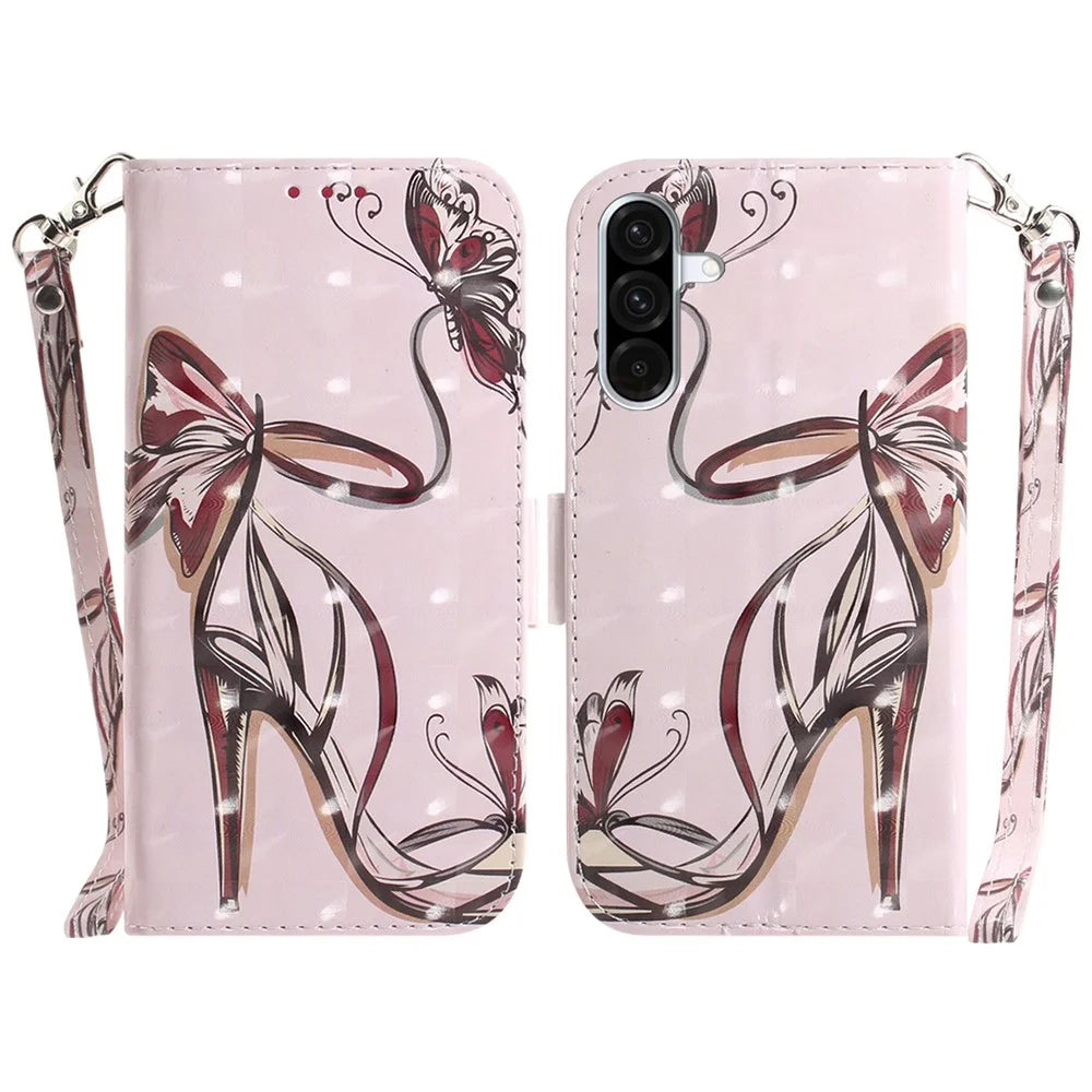 For Samsung Galaxy A18 5G / A17 5G / A17 4G / A26 5G Case Pattern Printing Leather Wallet Phone Cover with Wrist Strap - Butterfly High Heels - 1