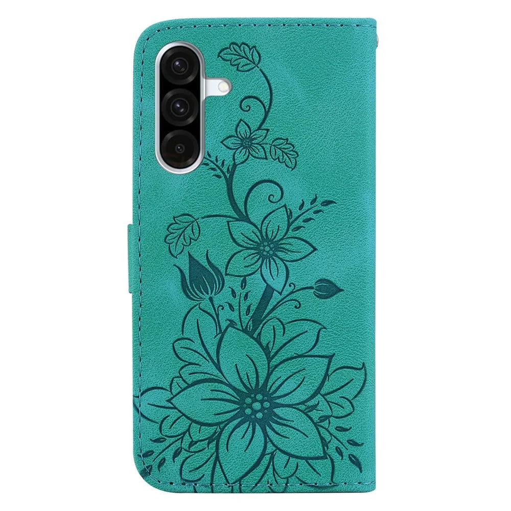 For Samsung Galaxy A18 5G / A17 5G / A17 4G / A26 5G Case Lily Flower Imprint Leather Phone Cover with Stand - Green - 7