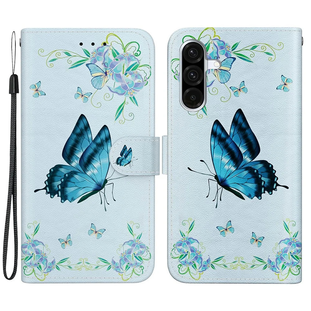 For Samsung Galaxy A18 5G / A17 5G / A17 4G / A26 5G Wallet Phone Case Anti-Drop Leather Flip Cover Pattern Printing - Blue Butterfly Flower - 1