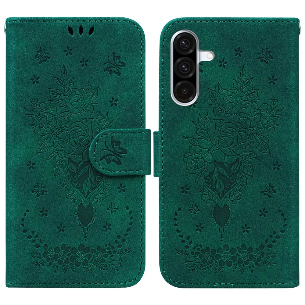 For Samsung Galaxy A56 5G  /  A36 5G Case PU Leather Wallet Phone Cover Butterfly Flower Imprint - Green - 1