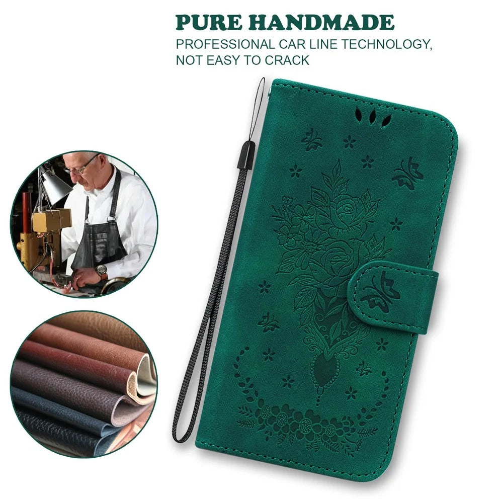 For Samsung Galaxy A56 5G  /  A36 5G Case PU Leather Wallet Phone Cover Butterfly Flower Imprint - Green - 4