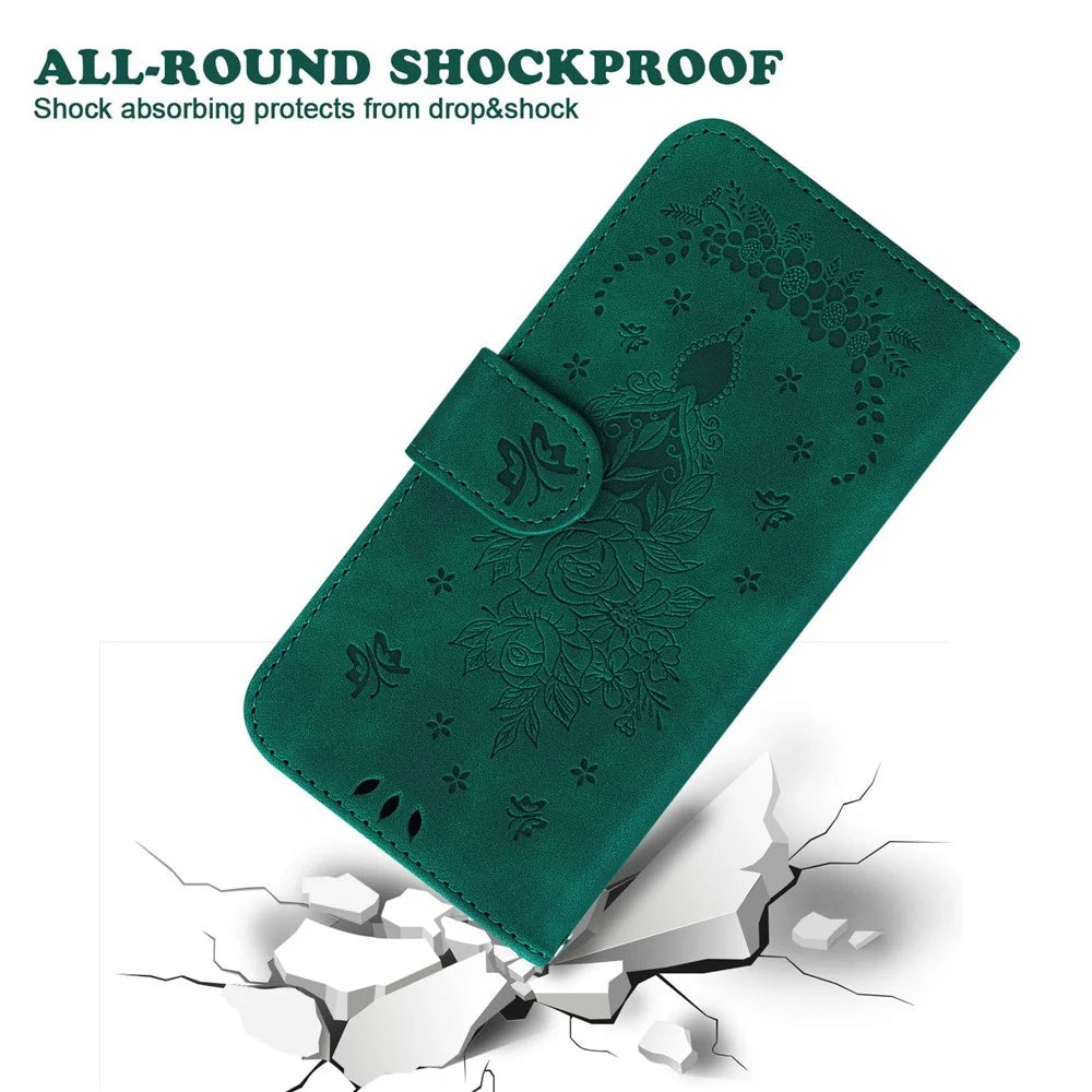 For Samsung Galaxy A56 5G  /  A36 5G Case PU Leather Wallet Phone Cover Butterfly Flower Imprint - Green - 5