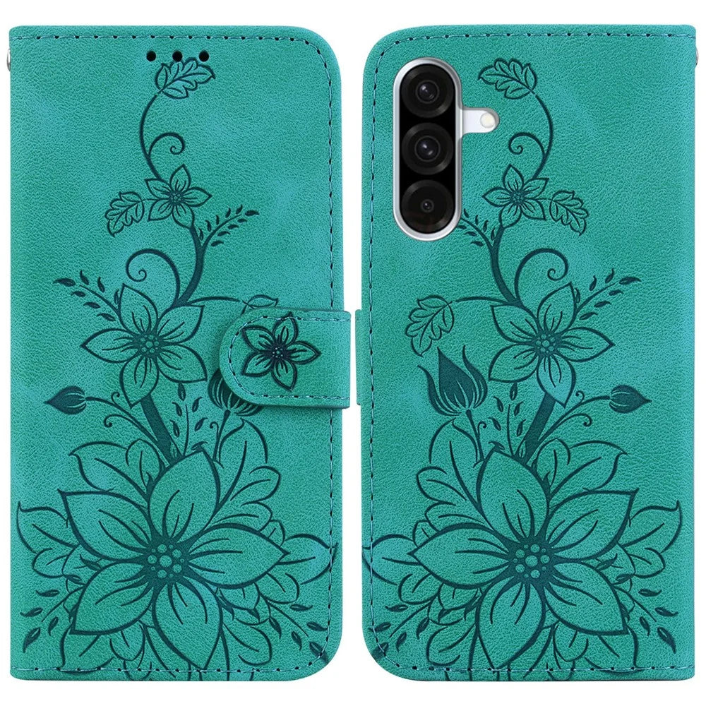 For Samsung Galaxy A56 5G  /  A36 5G Case Lily Flower Imprint Leather Phone Cover with Stand - Green - 1