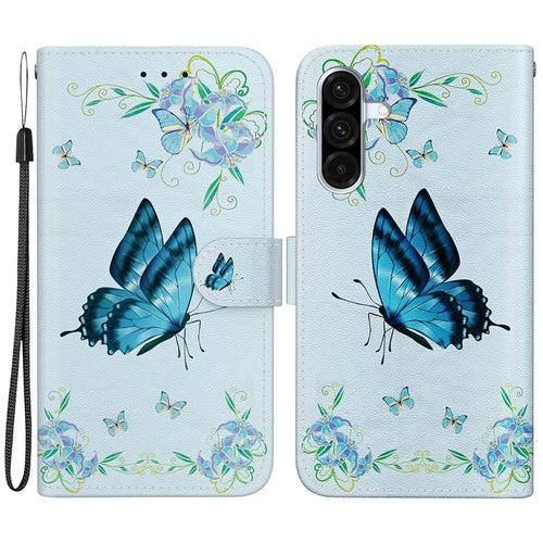 For Samsung Galaxy A56 5G  /  A36 5G Wallet Phone Case Anti-Drop Leather Flip Cover Pattern Printing - Blue Butterfly Flower - 1