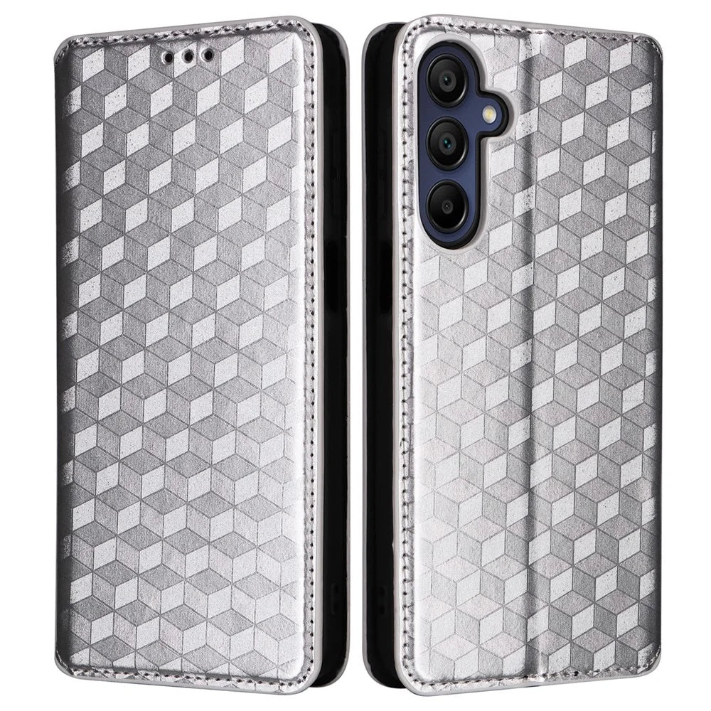 For Samsung Galaxy A26 5G Wallet Case Rhombus Imprinted Leather Phone Cover - Silver - 1