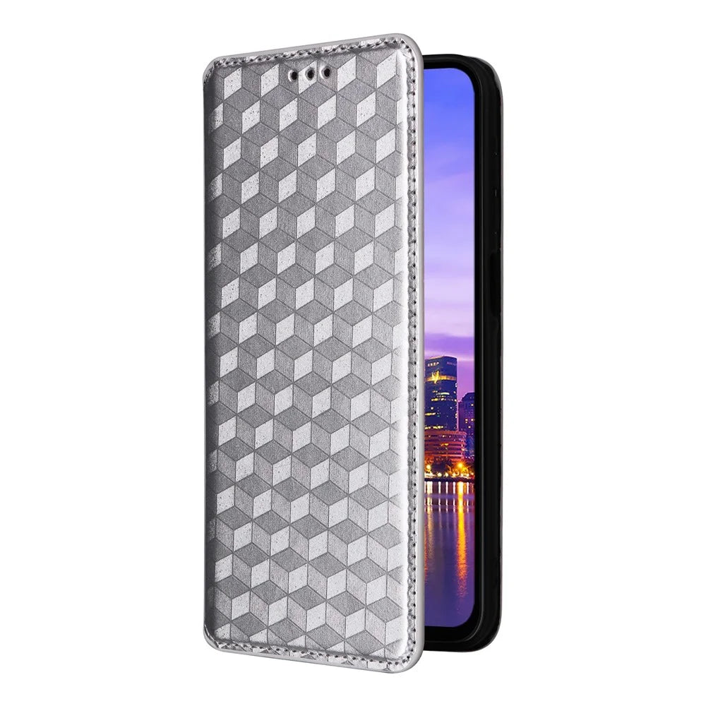 For Samsung Galaxy A26 5G Wallet Case Rhombus Imprinted Leather Phone Cover - Silver - 6