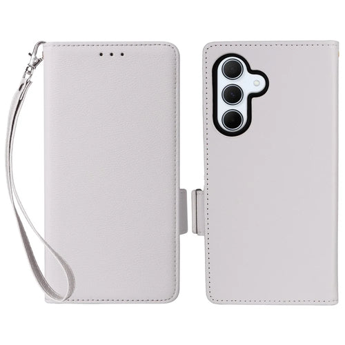 For Samsung Galaxy A56 5G Case with Wrist Strap Litchi Texture PU Leather Wallet Phone Cover - White - 1