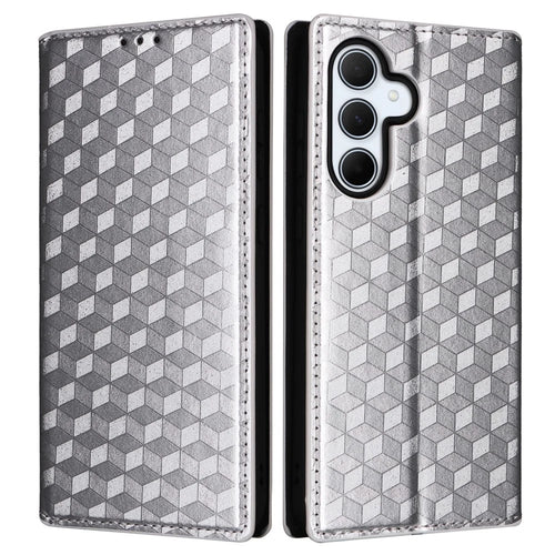 For Samsung Galaxy A56 5G Wallet Case Rhombus Imprinted Leather Phone Cover - Silver - 1