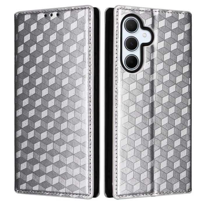For Samsung Galaxy A56 5G Wallet Case Rhombus Imprinted Leather Phone Cover - Silver - 1