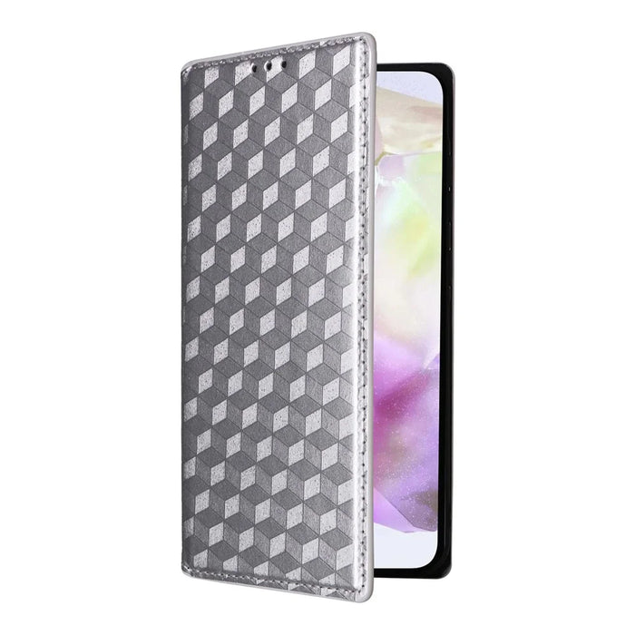 For Samsung Galaxy A56 5G Wallet Case Rhombus Imprinted Leather Phone Cover - Silver - 6