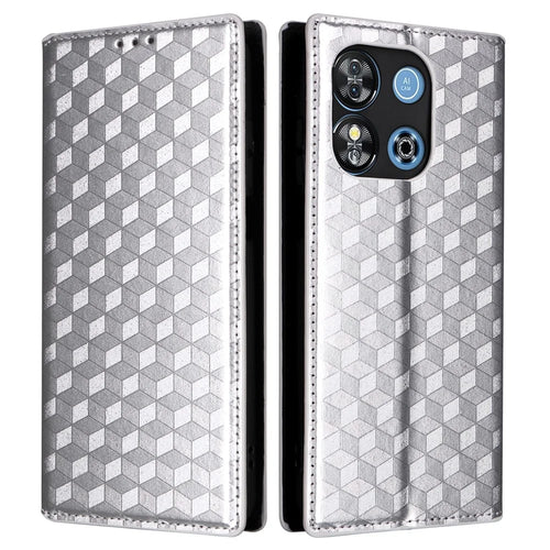 For Oukitel C57 Pro / C57s Wallet Case Rhombus Imprinted Leather Phone Cover - Silver - 1