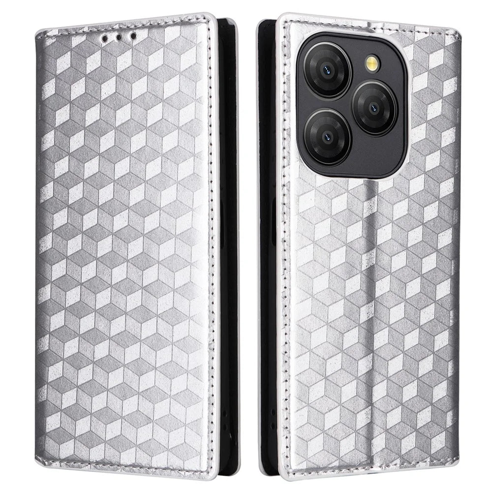 For Blackview Shark 9 5G Wallet Case Rhombus Imprinted Leather Phone Cover - Silver - 1