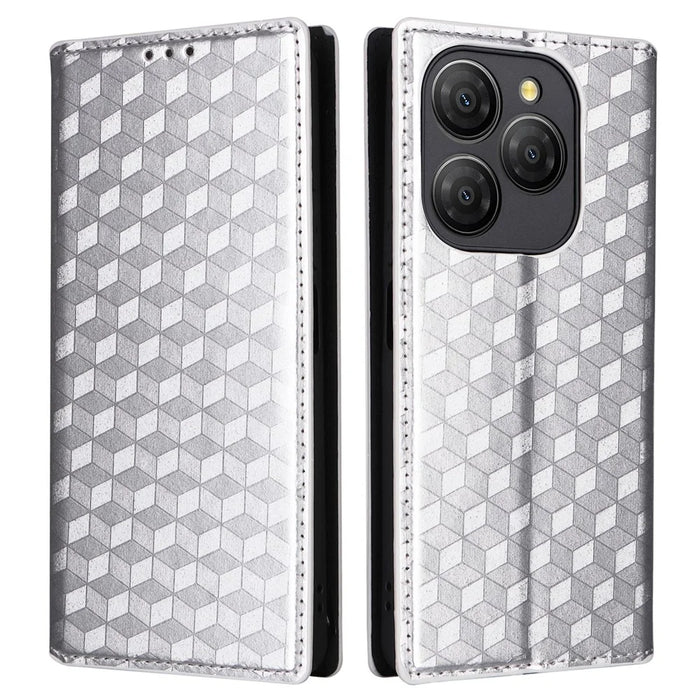 For Blackview Shark 9 5G Wallet Case Rhombus Imprinted Leather Phone Cover - Silver - 1