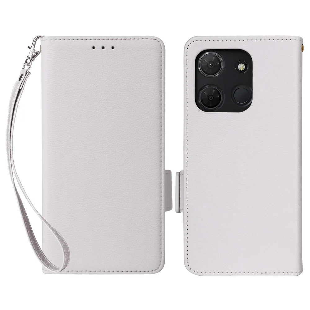 For TCL 503 Case with Wrist Strap Litchi Texture PU Leather Wallet Phone Cover - White - 1