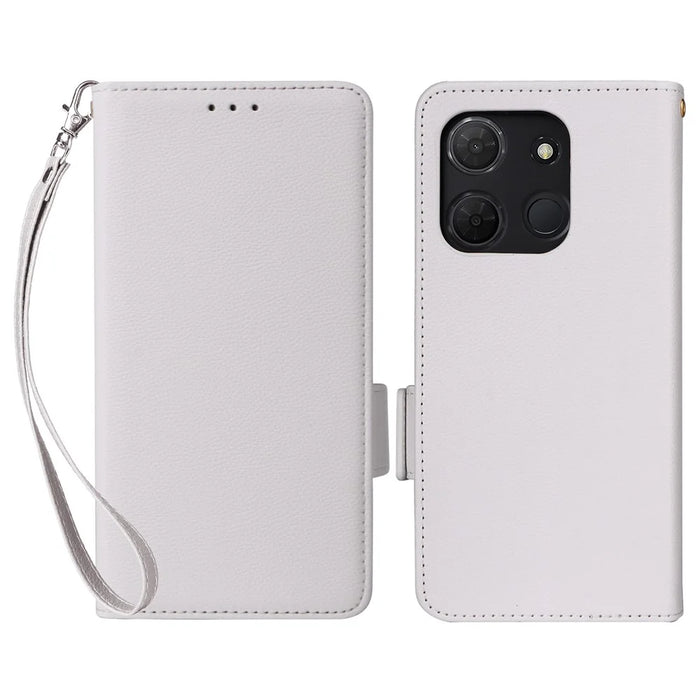 For TCL 503 Case with Wrist Strap Litchi Texture PU Leather Wallet Phone Cover - White - 1