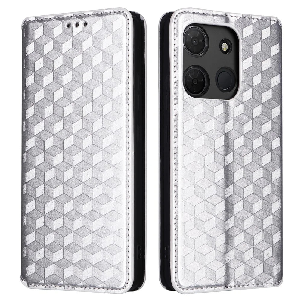 For TCL 503 Wallet Case Rhombus Imprinted Leather Phone Cover - Silver - 1