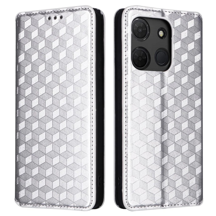 For TCL 503 Wallet Case Rhombus Imprinted Leather Phone Cover - Silver - 1