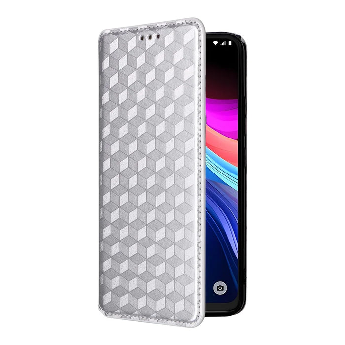 For TCL 503 Wallet Case Rhombus Imprinted Leather Phone Cover - Silver - 6