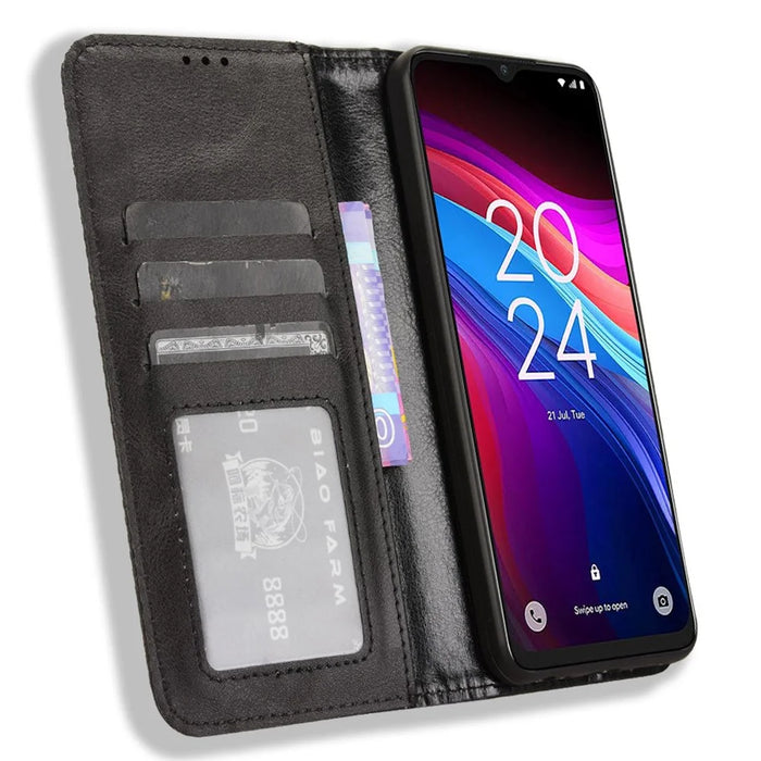 For TCL 503 Leather Case Wallet Stand Retro Texture Phone Cover - Black - 2