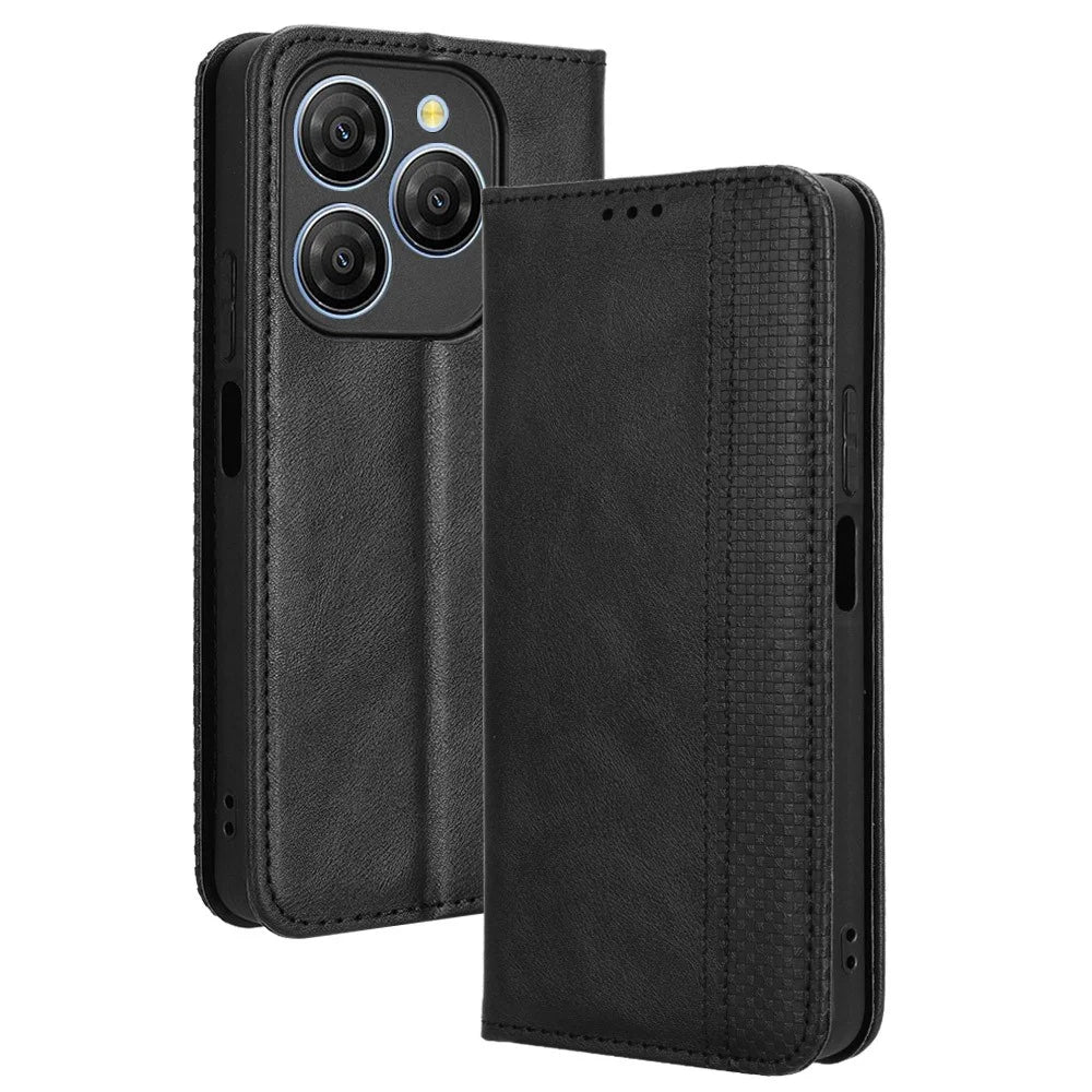 For Blackview Shark 9 5G Leather Case Wallet Stand Retro Texture Phone Cover - Black - 1