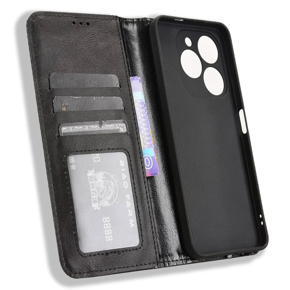 For Blackview Shark 9 5G Leather Case Wallet Stand Retro Texture Phone Cover - Black - 5